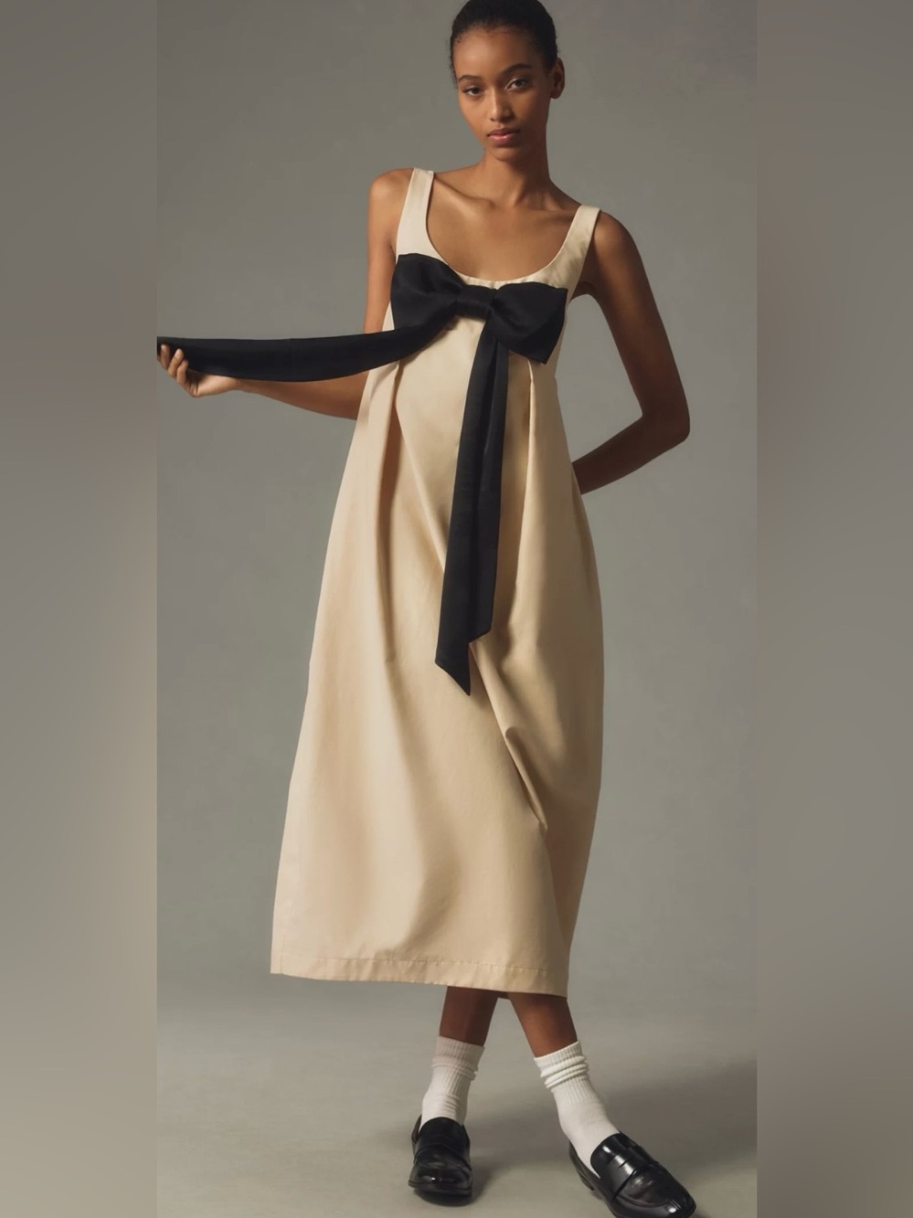 Maeve Sleeveless Cream Midi Dress with Black Bow